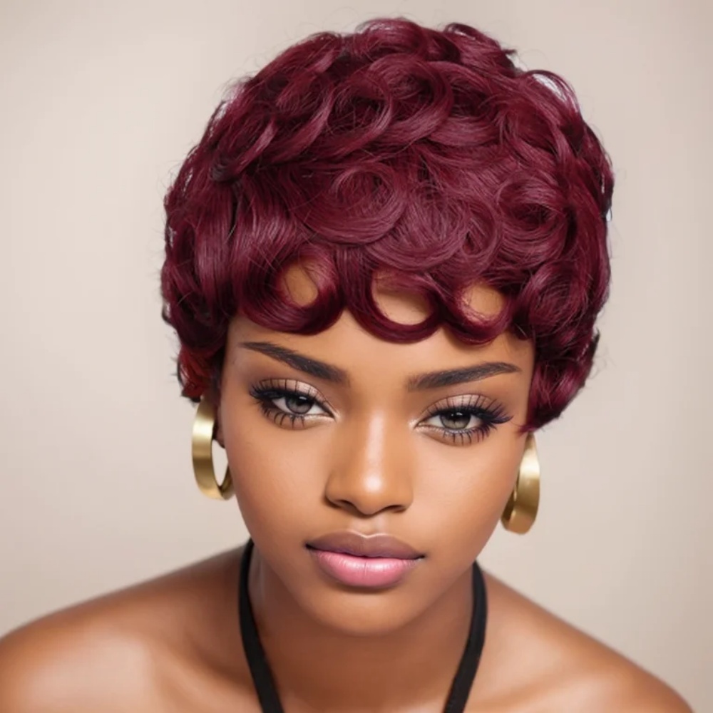 Short Pixie Cut Wig Human Hair Cheap - 99J Pixie-Schnitt-Perücke, Echthaar, kurze lockige Echthaar-Perücke