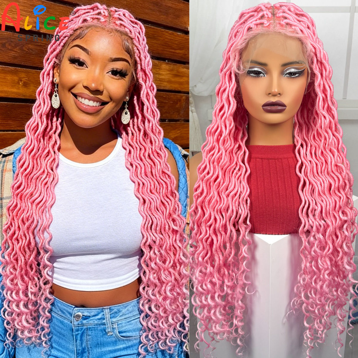 Synthetic Braided Wigs For Black Women - Rosa Vollspitzen-Geflechtperücken Synthetische Knotenlose Box Goddess